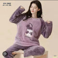 Cute Purple "Care Rabbit" Embroidered Plush Fleece Pajama Set – Soft Winter Sleepwear