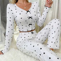 Women’s Heart Print Long Sleeve Pajama Set – Ribbed Knit Crop Top & Pants Nightwear -503