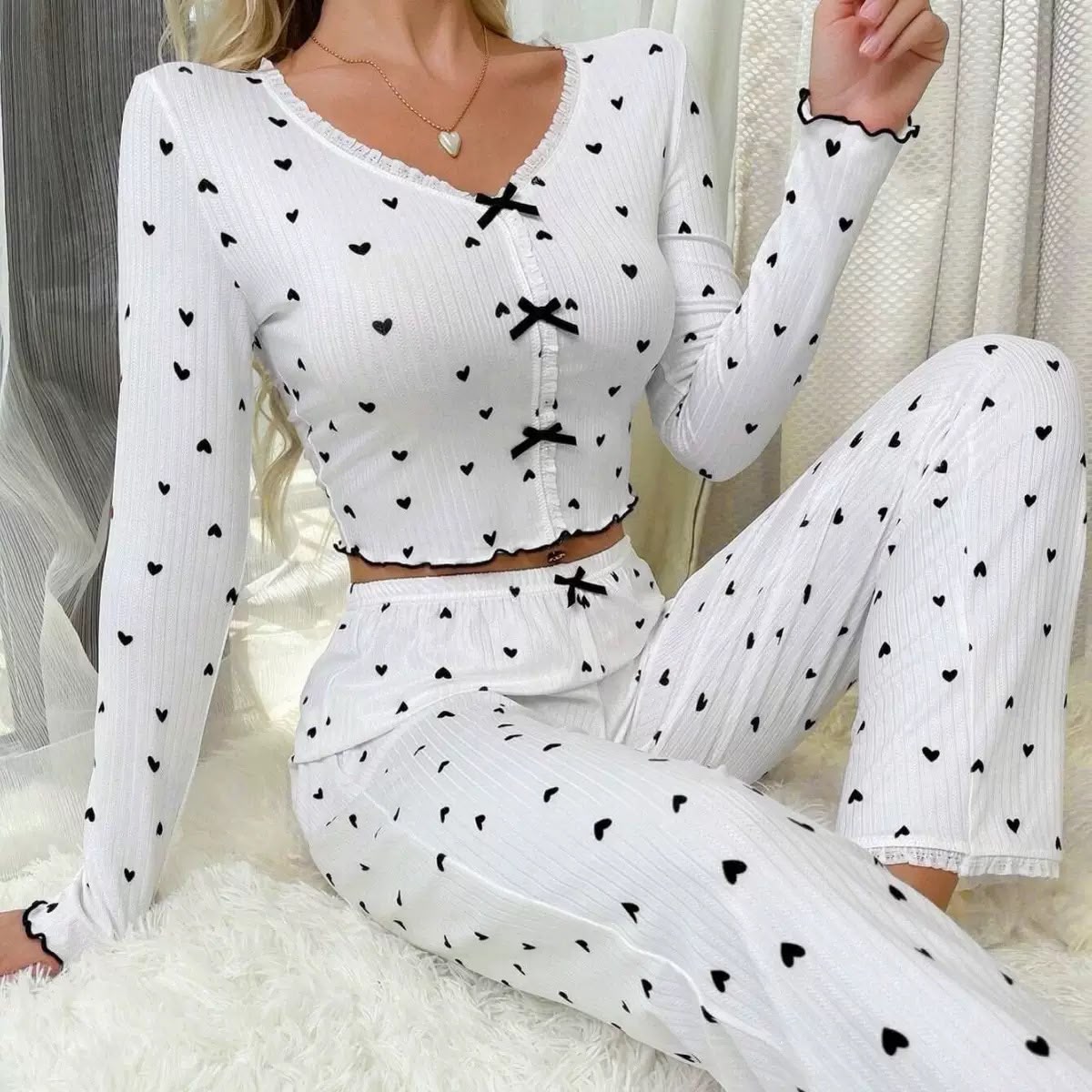 Women’s Heart Print Long Sleeve Pajama Set – Ribbed Knit Crop Top & Pants Nightwear -503