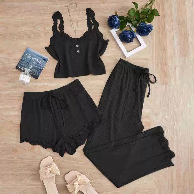 Women's 3-Piece Ribbed Knit Pajama Set – Lace Trim Cami Top, Shorts & Long Pants Loungewear -A06001-1