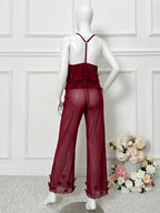 Women’s Sheer Mesh Butterfly Nightwear Set – Tiered Spaghetti Strap Cami Top & Pants -1574