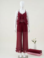 Women’s Sheer Mesh Butterfly Nightwear Set – Tiered Spaghetti Strap Cami Top & Pants -1574