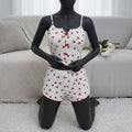 Women’s 2-Piece Ribbed Cami & Shorts Sleepwear Set – Printed Cami Top with Red Bows & Side Mesh Panel -5149