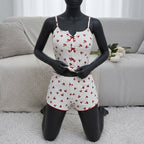 Women’s 2-Piece Ribbed Cami & Shorts Sleepwear Set – Printed Cami Top with Red Bows & Side Mesh Panel -5149