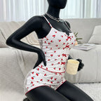 Women’s 2-Piece Ribbed Cami & Shorts Sleepwear Set – Printed Cami Top with Red Bows & Side Mesh Panel -5149