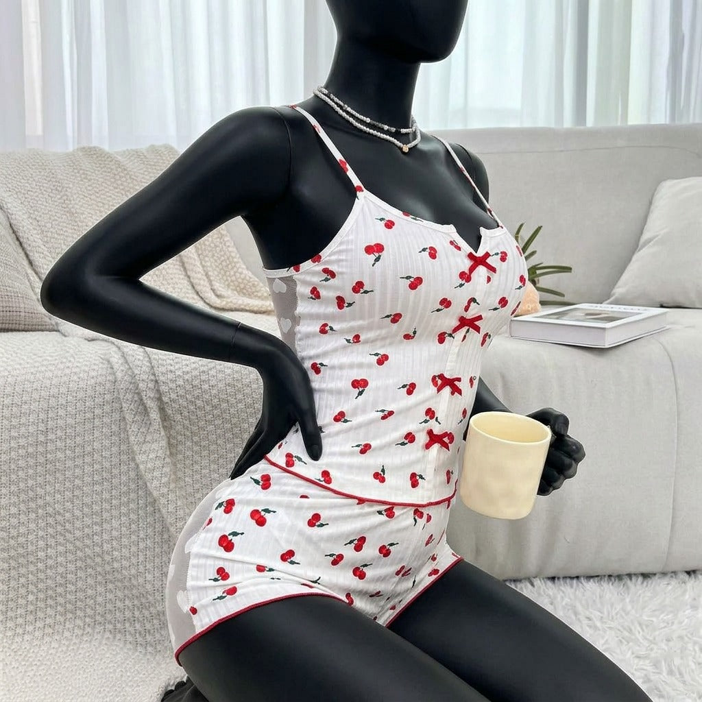 Women’s 2-Piece Ribbed Cami & Shorts Sleepwear Set – Printed Cami Top with Red Bows & Side Mesh Panel -5149