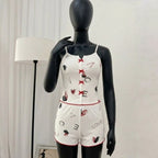 Women’s 2-Piece Ribbed Cami & Shorts Sleepwear Set – Printed Cami Top with Red Bows & Side Mesh Panel -5149