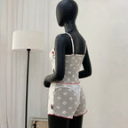 Women’s 2-Piece Ribbed Cami & Shorts Sleepwear Set – Printed Cami Top with Red Bows & Side Mesh Panel -5149