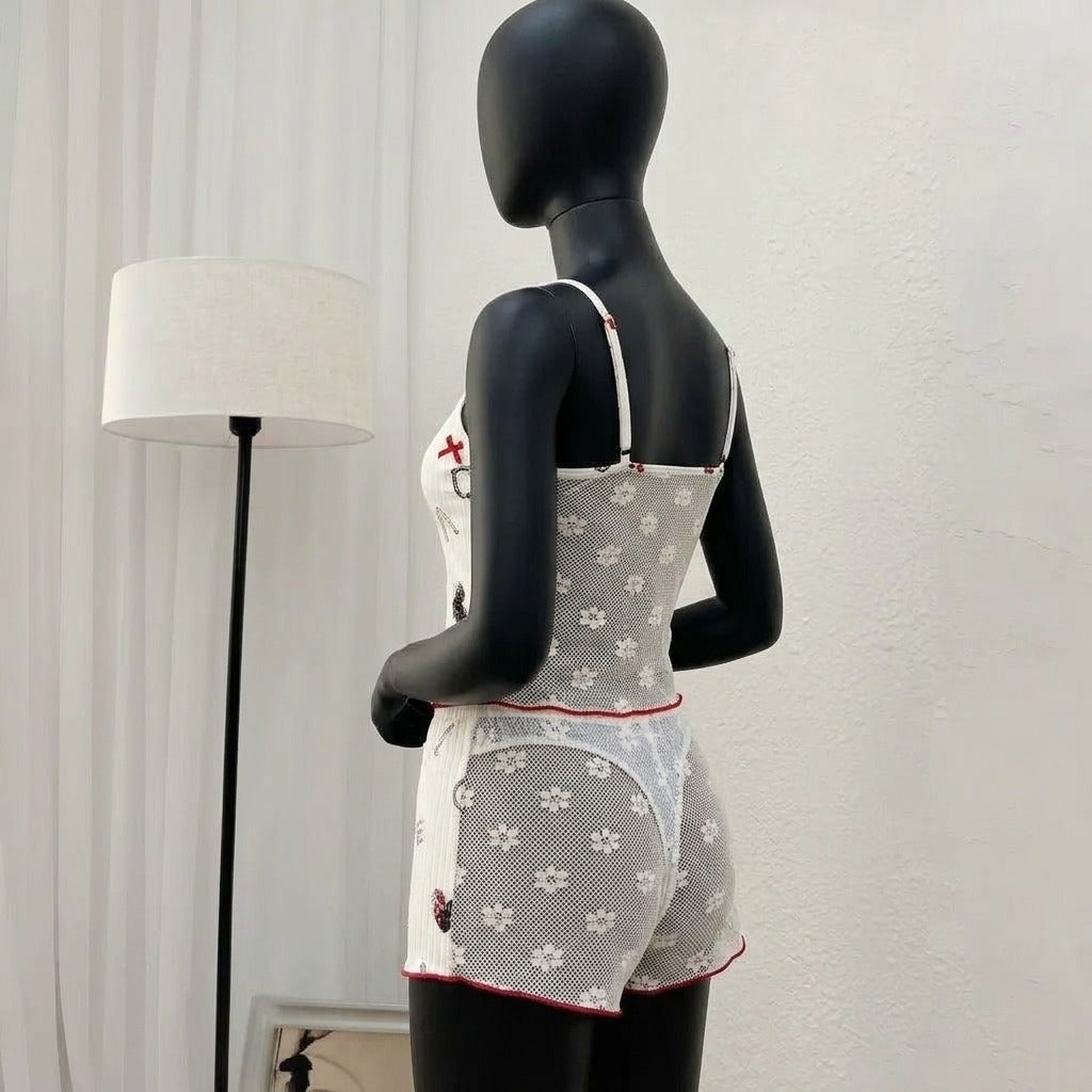 Women’s 2-Piece Ribbed Cami & Shorts Sleepwear Set – Printed Cami Top with Red Bows & Side Mesh Panel -5149