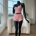 Heart Print Rib-Knit Pajama Set | Cami Top & Shorts -229