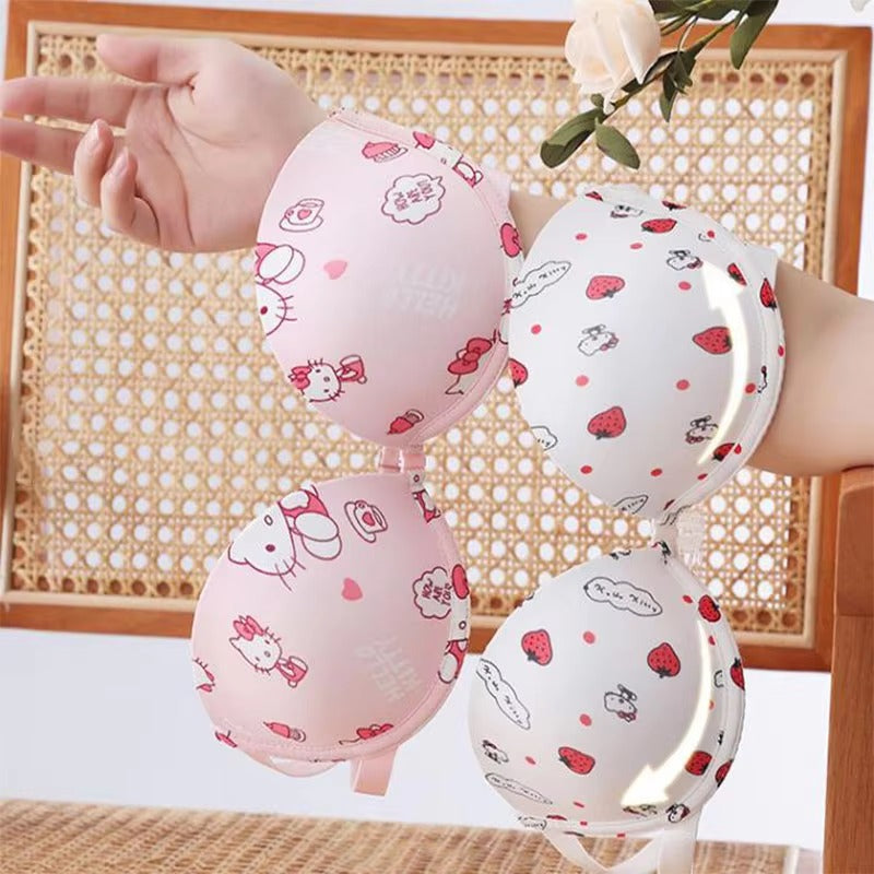 Shezaib High Quality Front Open 4 In 1  Push-up Hello Kitty Print Adjustable Straps Bra Panty Set 016