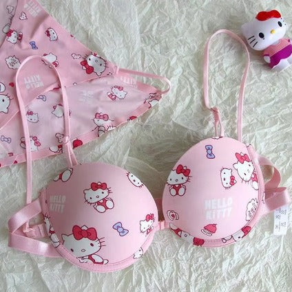 Shezaib High Quality Front Open 4 In 1  Push-up Hello Kitty Print Adjustable Straps Bra Panty Set 016