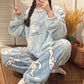 New Winter Korean Flannel Women Pajamas Set O-Neck Velvet Warm Pajama Set