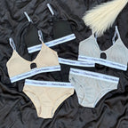 New High Quality Soft Cotton Letter Strap Mid Hollow Sports Light Padded Bra And Panty Set