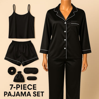 Flourish 7 pcs Non Padded Silk Satin Pajama Set Cami Top Nightgown Sexy Sleepwear Robe Sets Lace Nightdress