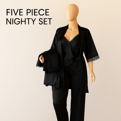 Shezaib 5 pcs Non Padded Pure Silk Pajama Set Cami Top Nightgown Sexy Sleepwear Robe Sets Lace Nightdress