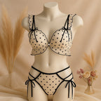 New High-Quality Black Heart Embroidered Push-Up Bra with Cute Lace Panty Set 2007