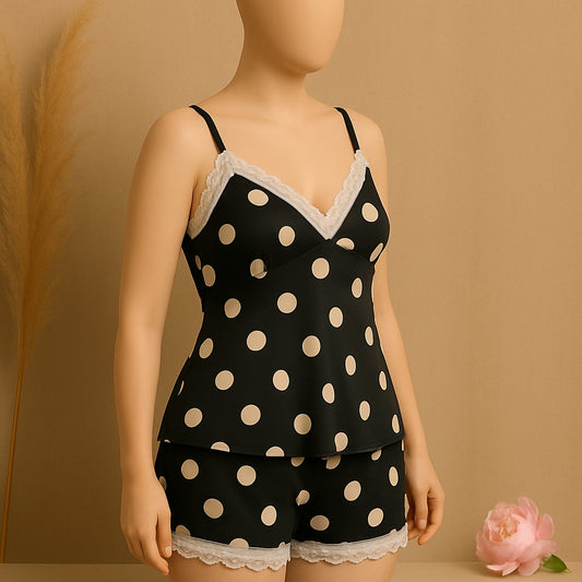 Shezaib Silk Pajamas For Women Sexy Lingerie Lace Trim Camisole And Shorts Polka Dot Sleepwear Home Wear 816