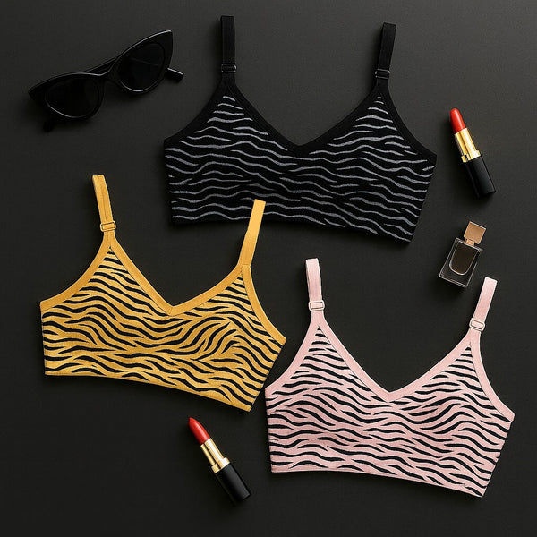 Pack Of 3 Women’s Zebra Print Cotton Bralette – Non-Padded | Soft, Stretchable & Stylish Everyday Bra