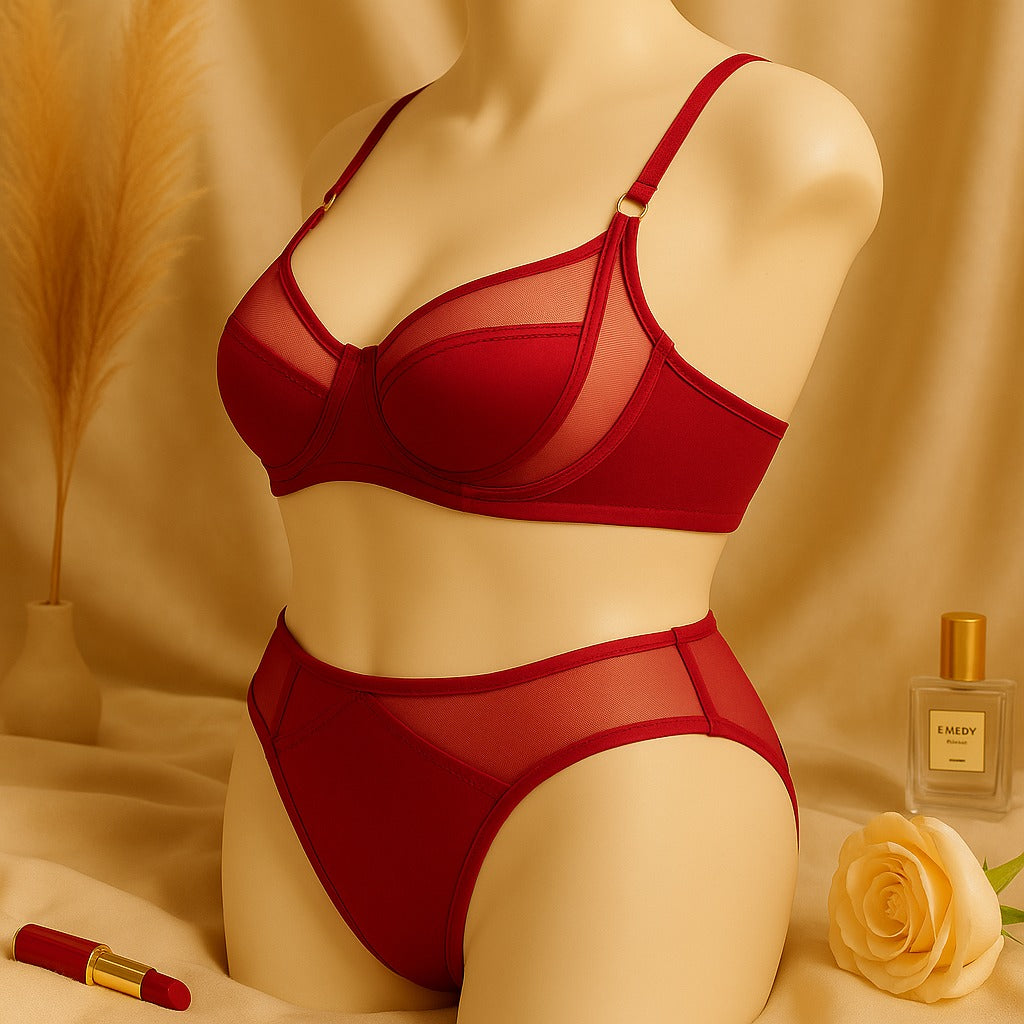 Shezaib High Quality Thin Cup Soft Underwired Light Padded Metal Ring Straps Bra Panty Set 055