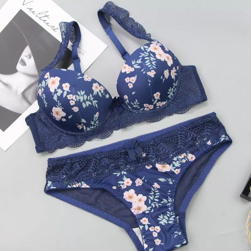 Shezaib Undergarments Floral Lace Bra & Panty Set – Padded Push-Up Design with Elegant Embroidery