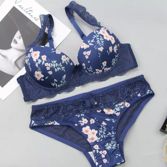 Shezaib Undergarments Floral Lace Bra & Panty Set – Padded Push-Up Design with Elegant Embroidery