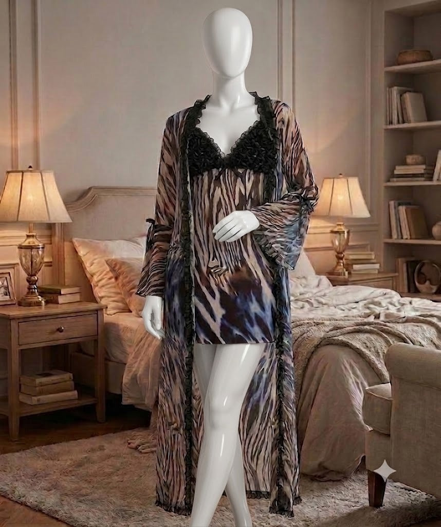 Sapphire Zebra Sheer Long Robe & Slip Dress Set