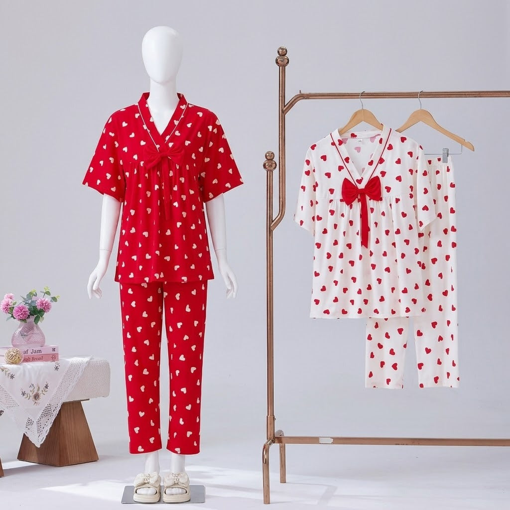 Shezaib Minimalist Heart Print Pajama Set - Soft White