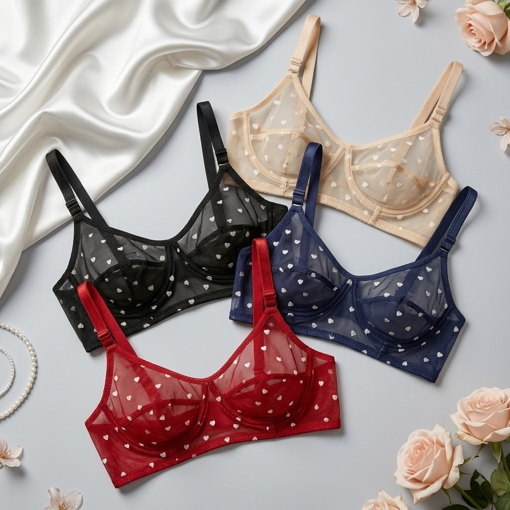 Women's Non-Padded Sheer Mesh Heart Print Bra – Soft Transparent Everyday Comfort Bra