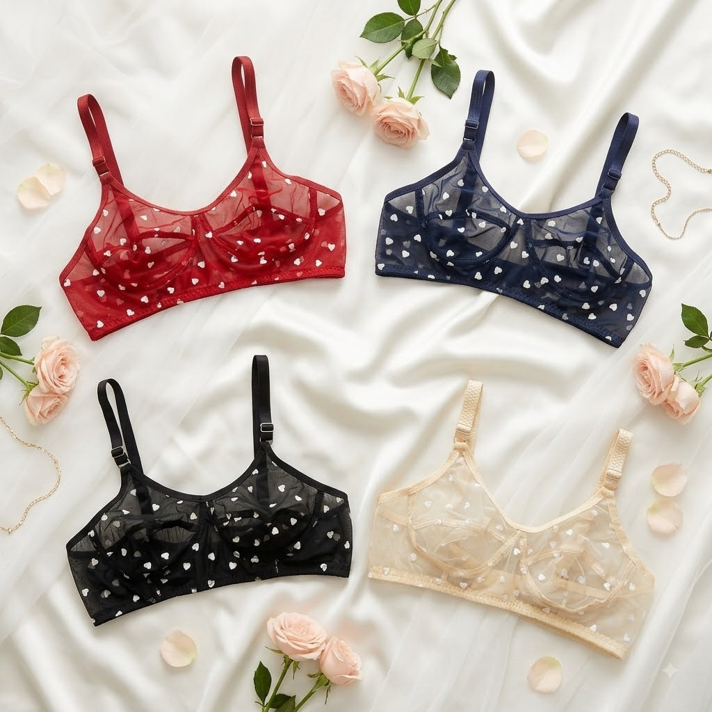 Women's Non-Padded Sheer Mesh Heart Print Bra – Soft Transparent Everyday Comfort Bra