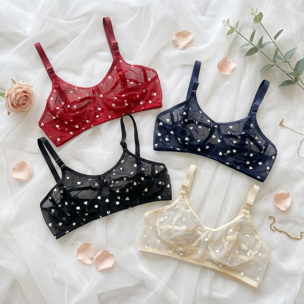 Women's Non-Padded Sheer Mesh Heart Print Bra – Soft Transparent Everyday Comfort Bra 8989