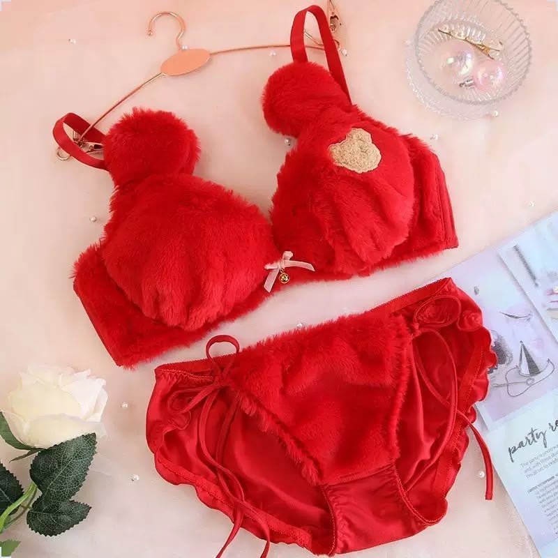 Fluffy Faux Fur Padded Bra Panty Set – Cute Bear Embroidery Japanese Style