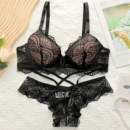 New High Quality Cute Lace Embroidery Push Up Bra & Panty set- U093