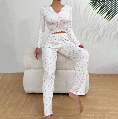 Floral Print Ribbed Imported Pajama Set with Lettuce Trim & Bow Detail C0904
