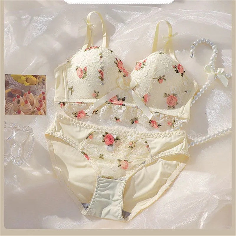 Shezaib Cute Lace Flower Embroided Adjustable Straps Push Up Bridal Padded Bra and panty 017