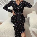 Floral Print Ribbed Imported Pajama Set with Lettuce Trim & Bow Detail C0904