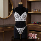 Flourish Non Padded Wired bra Pure Elegance White Floral Lace Lingerie Set – Sheer Mesh Embroidered Bra & Panty feather pattern MSL40316
