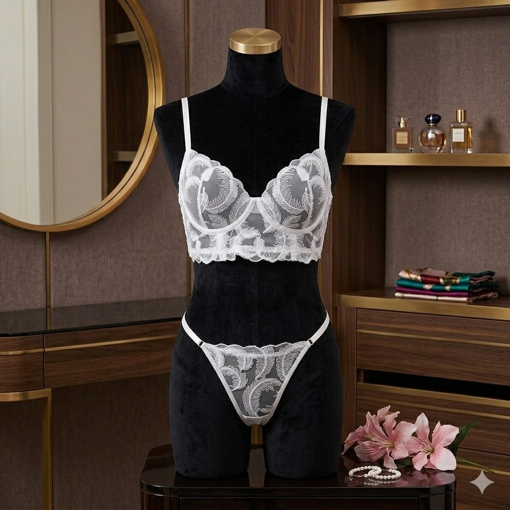 Flourish Non Padded Wired bra Pure Elegance White Floral Lace Lingerie Set – Sheer Mesh Embroidered Bra & Panty feather pattern MSL40316