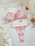 Non-Padded Floral Wired Bra & Panty Set – Blossom Charm Pink Embroidered Sheer Lingerie 9987