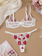 Flourish Sexy Red Kiss Lace Lingerie Set – Sheer Mesh Non-Padded Wired Bra & Panty B117