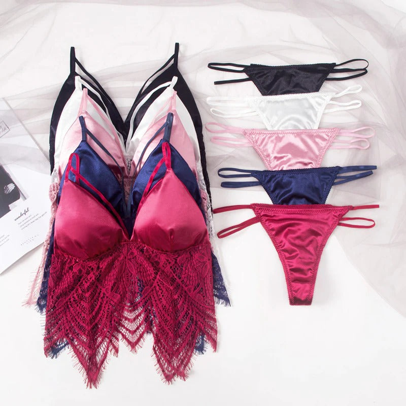 Shezaib Elegant Satin & Lace Lingerie Set – Soft Bralette with Matching Thong