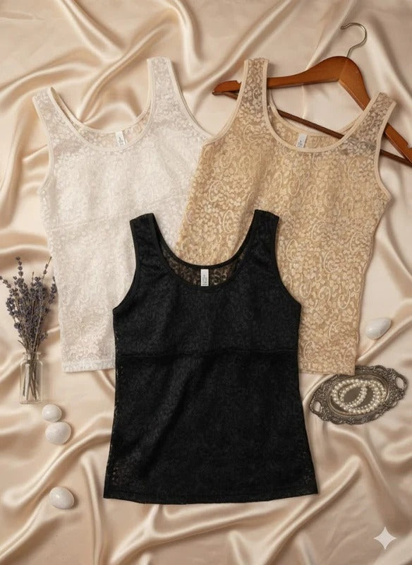 Pack of 3 Lace Camisole Tank Tops for Women – Premium Soft Stretch Innerwear, Elegant Floral Lace Design, Comfortable  Skin, Black & White