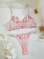 Non-Padded Floral Wired Bra & Panty Set – Blossom Charm Pink Embroidered Sheer Lingerie 9987