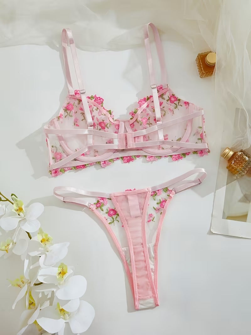 Non-Padded Floral Wired Bra & Panty Set – Blossom Charm Pink Embroidered Sheer Lingerie 9987