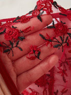 Shezaib Beautiful Floral Embroidery Deep Red Lingerie Set, Vertical Bust Bra And Mesh G-String, Sexy Back Bra And Panty Set B023