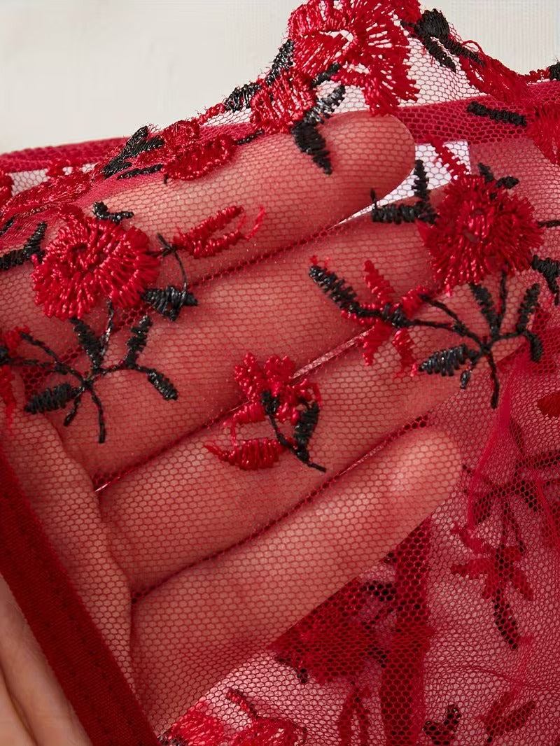 Shezaib Beautiful Floral Embroidery Deep Red Lingerie Set, Vertical Bust Bra And Mesh G-String, Sexy Back Bra And Panty Set B023