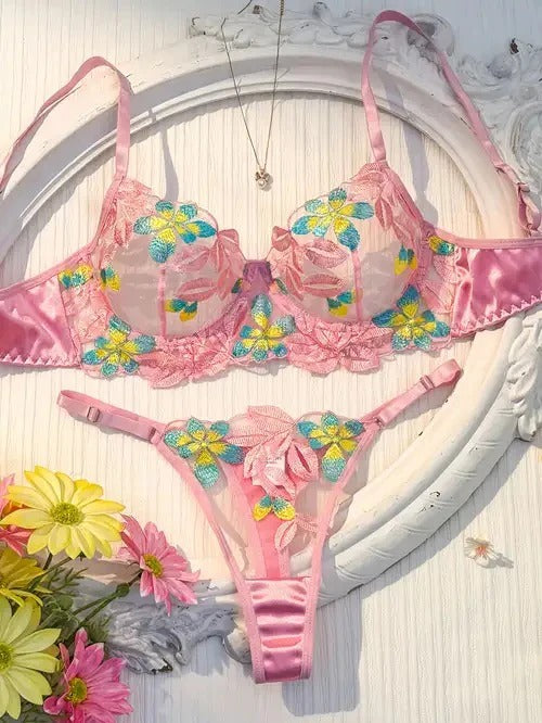 Shezaib Sexy Pink Floral Embroidered Lingerie Set – Sheer Mesh Non-Padded Wired Bra & Panty