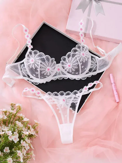 Shezaib Sexy Elegant White Lace Lingerie Set – Soft Mesh Floral Embroidered Bra & Panty
