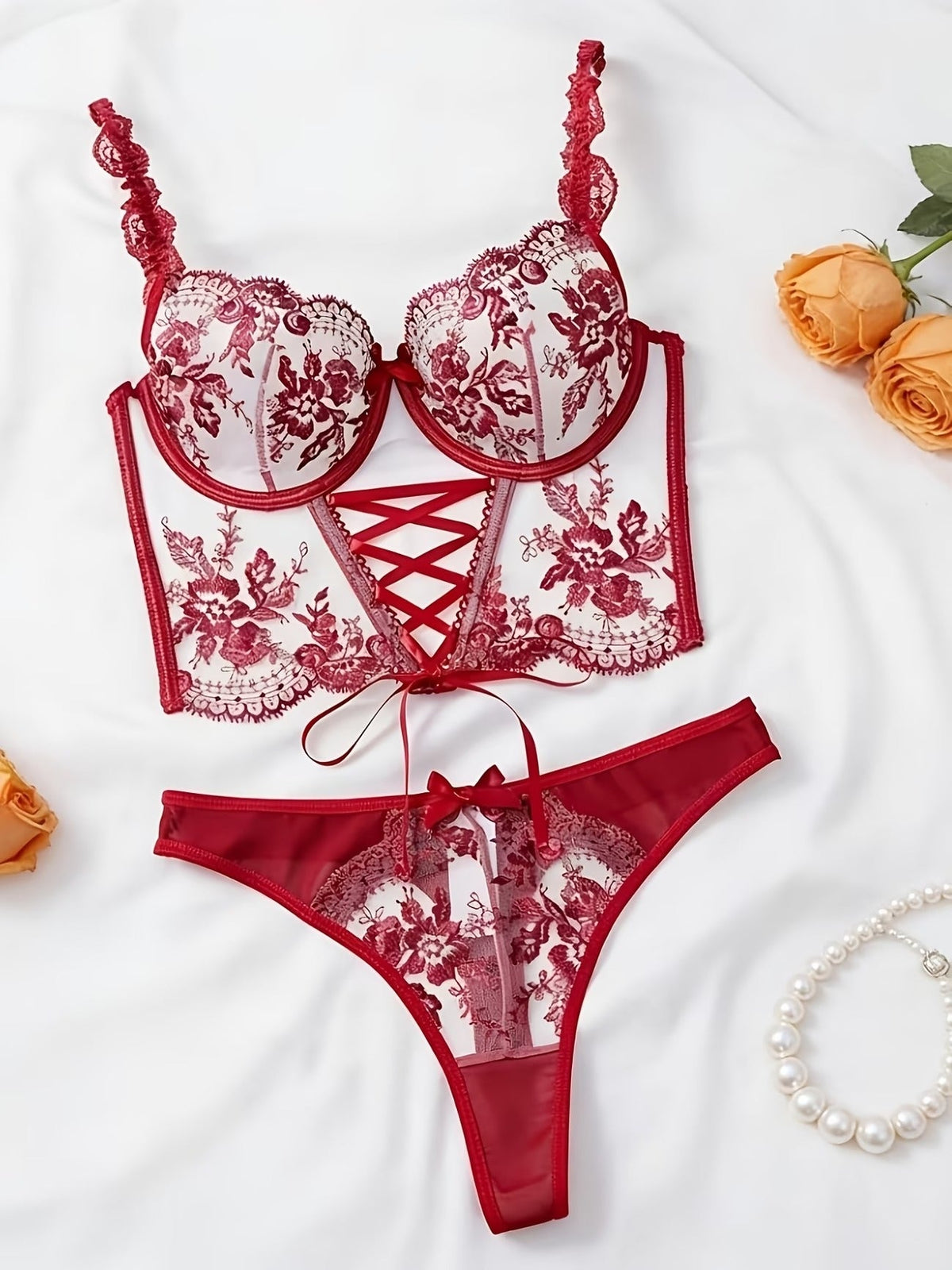 Lingerie Set - Sexy  Flirty Hot  Floral Embroidered Design Perfect for Adults -B024