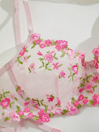 Non-Padded Floral Wired Bra & Panty Set – Blossom Charm Pink Embroidered Sheer Lingerie 9987